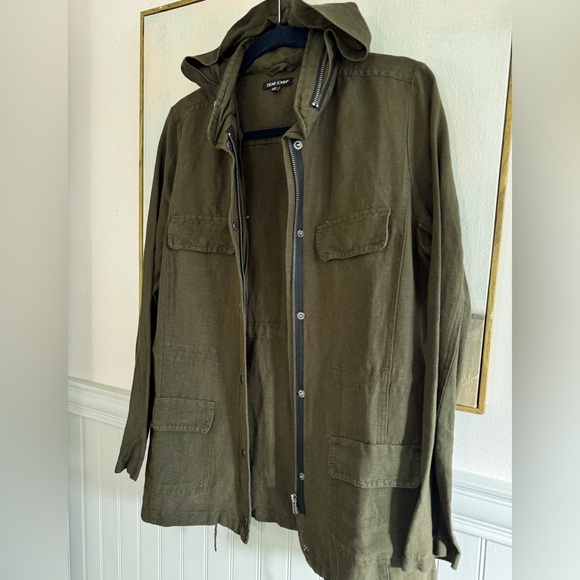 DEAR JOHN Army Green Linen Blend Utility Jacket Removable Hood Size Small - Picture 2 of 6